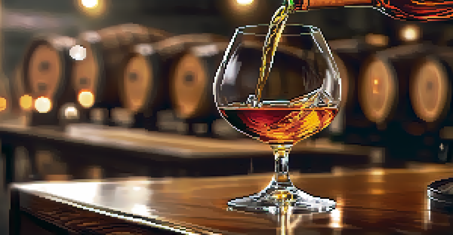 A close-up of Maison Ferrand cognac being poured into a glass, with blurred barrels in the background and warm lighting.