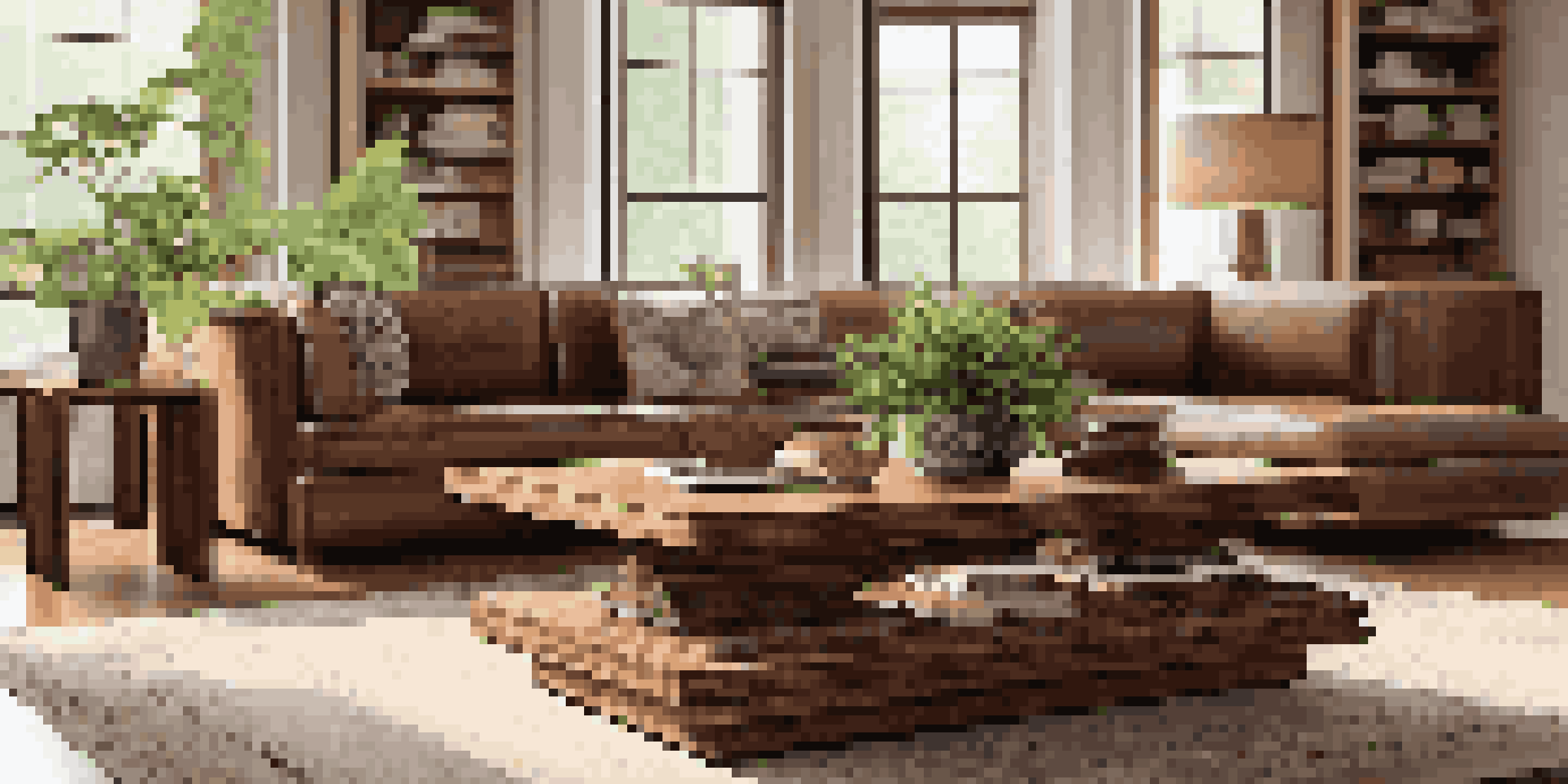 A wooden coffee table with engravings in a modern living room filled with natural light.