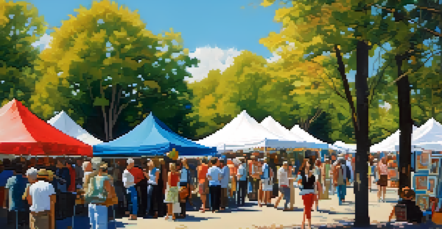 An outdoor art fair filled with people exploring art stalls and artists showcasing their work under a clear blue sky.