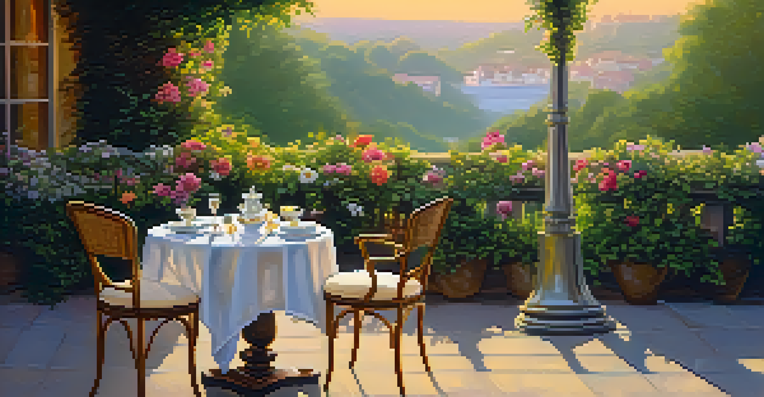 A romantic outdoor cafe setting with a beautifully set table for two, surrounded by greenery and soft lighting.