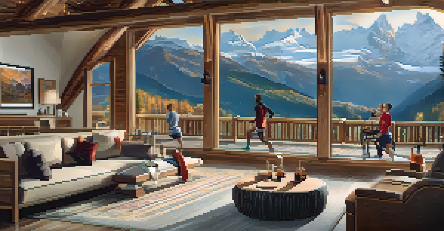 An upscale mountain lodge interior with participants taking a fitness class, large windows showing the Swiss Alps outside.