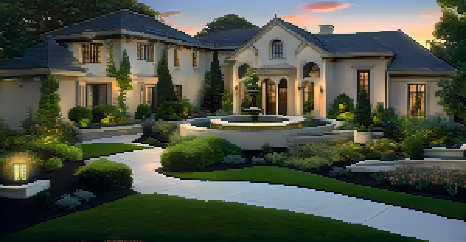 A luxury home landscape with shrubs and pathway lights, illuminated by a serene sunset.