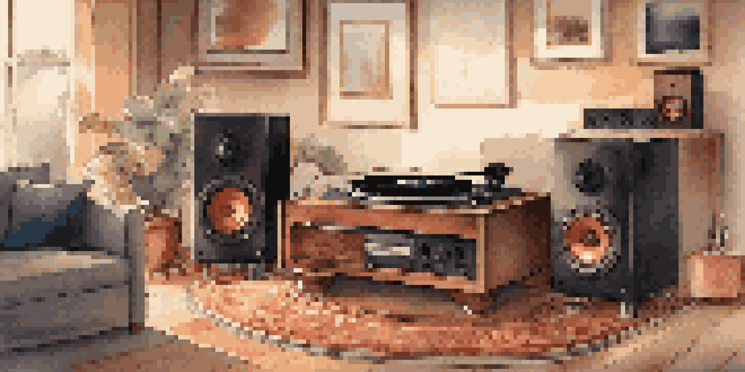 A home audio setup with a turntable and speakers, surrounded by vinyl records, in a warmly lit room.