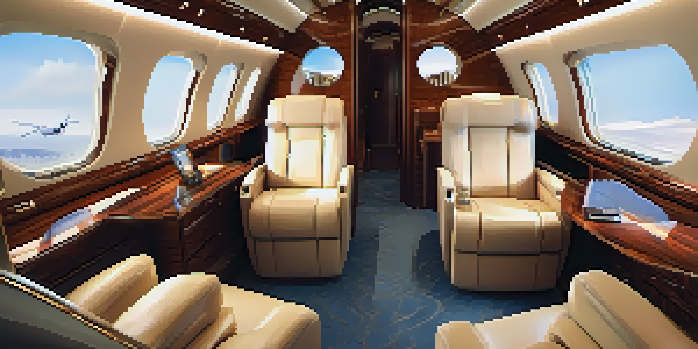 Interior of a luxurious private jet with leather seats and ambient lighting, featuring a polished wooden table and elegant decor.