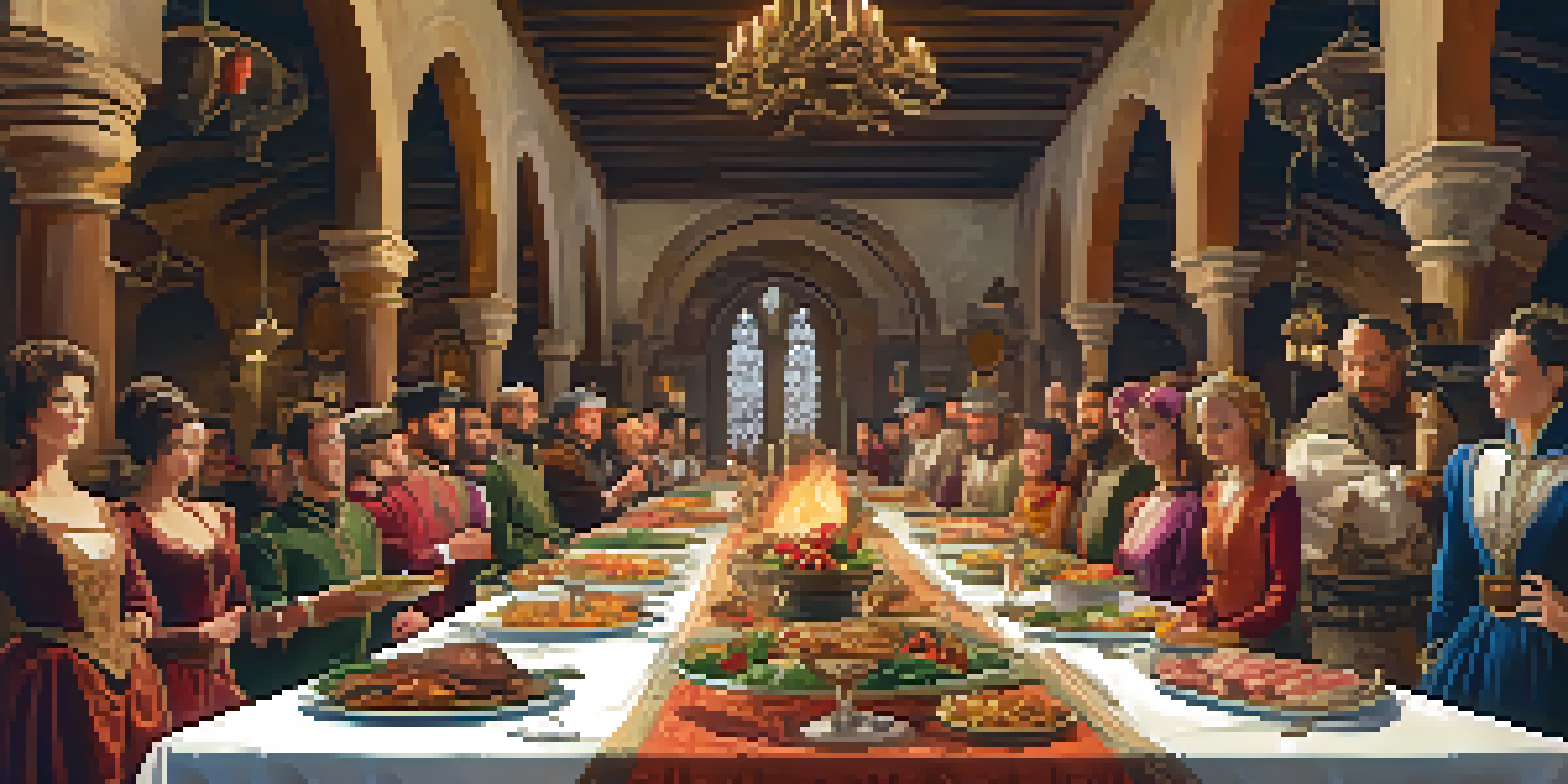 A grand medieval banquet with a long wooden table filled with roasted meats and colorful vegetables, illuminated by candlelight in a stone hall.