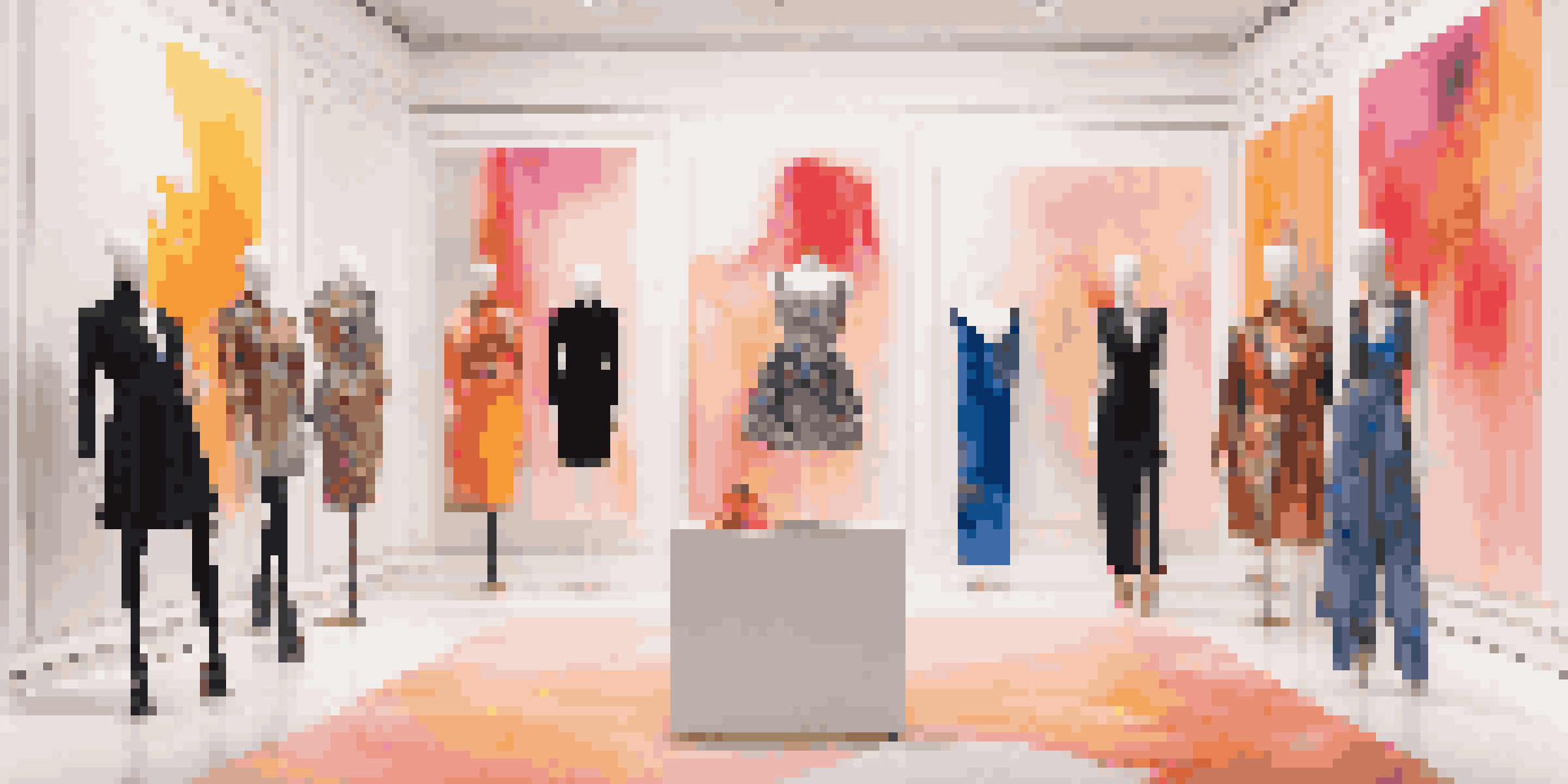 A stylish mannequin in a limited-edition outfit with colorful abstract paintings in the background, representing a fusion of fashion and art.