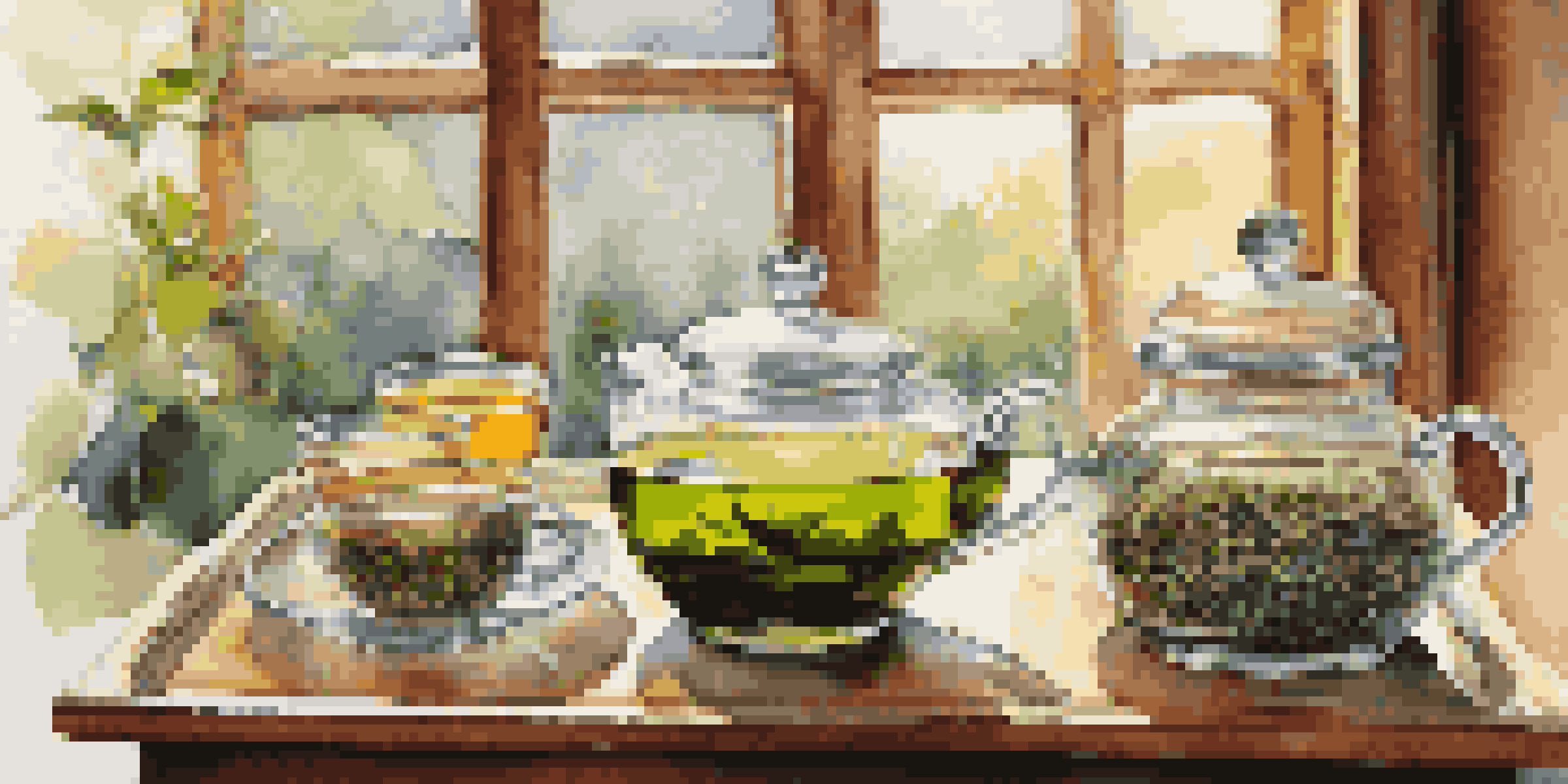 A glass teapot filled with green tea and colorful loose leaf teas in jars on a wooden tray, illuminated by soft natural light.