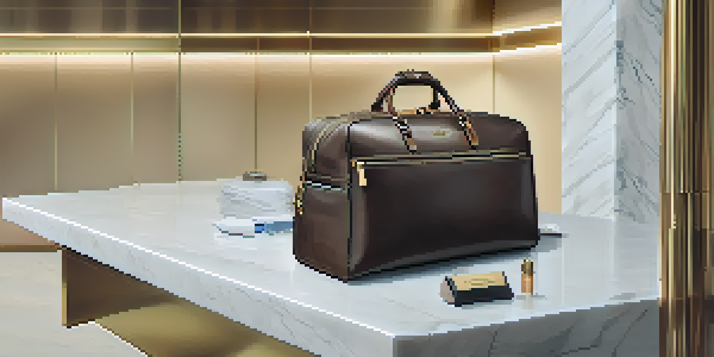 A sophisticated leather weekender bag showcasing its compartments on a marble airport check-in counter, illuminated by soft natural light.