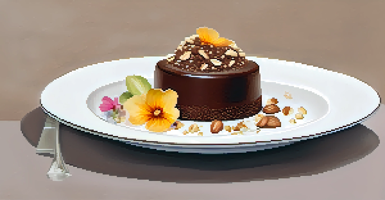 An elegant chocolate mousse dessert topped with crushed nuts and an edible flower, presented on a white plate with warm ambient lighting.
