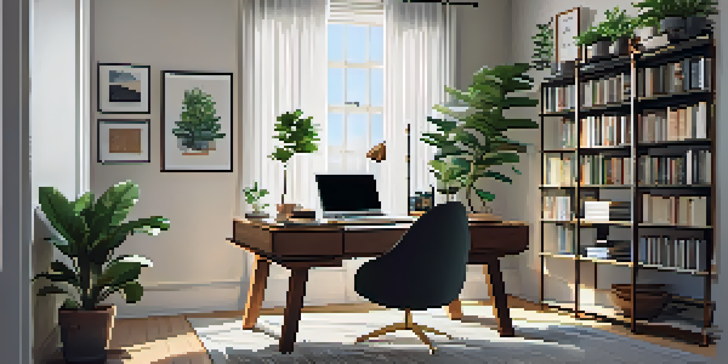 A modern home office with a desk, laptop, and bookshelves, illuminated by natural light.