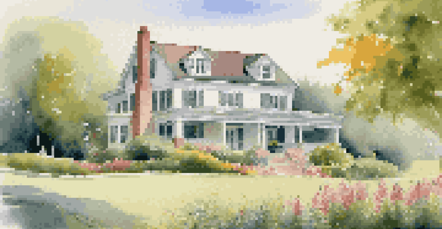 A beautiful rural luxury home surrounded by hills and a lake, featuring a vibrant garden and outdoor seating area in soft morning light.