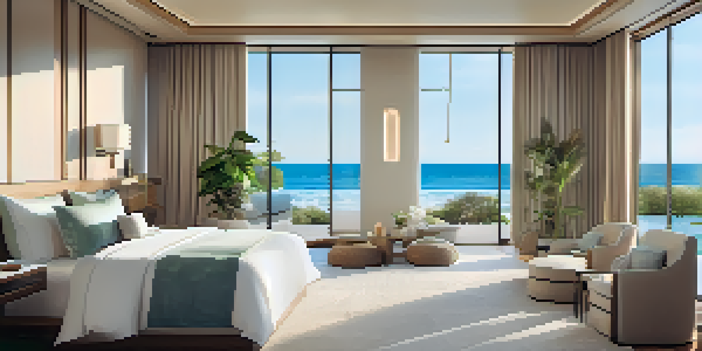 A luxurious hotel suite with ocean views, featuring soft colors and a cozy atmosphere, designed for relaxation and mindfulness.