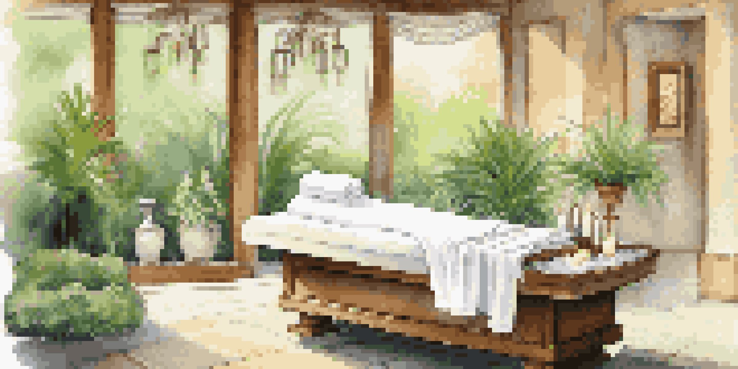 A peaceful luxury spa setting with soft lighting, massage table, and lush plants.
