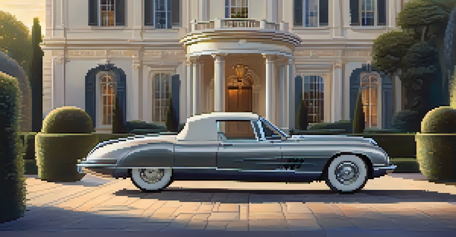 A luxury car parked in front of a grand mansion with beautiful gardens, illuminated by soft evening light.