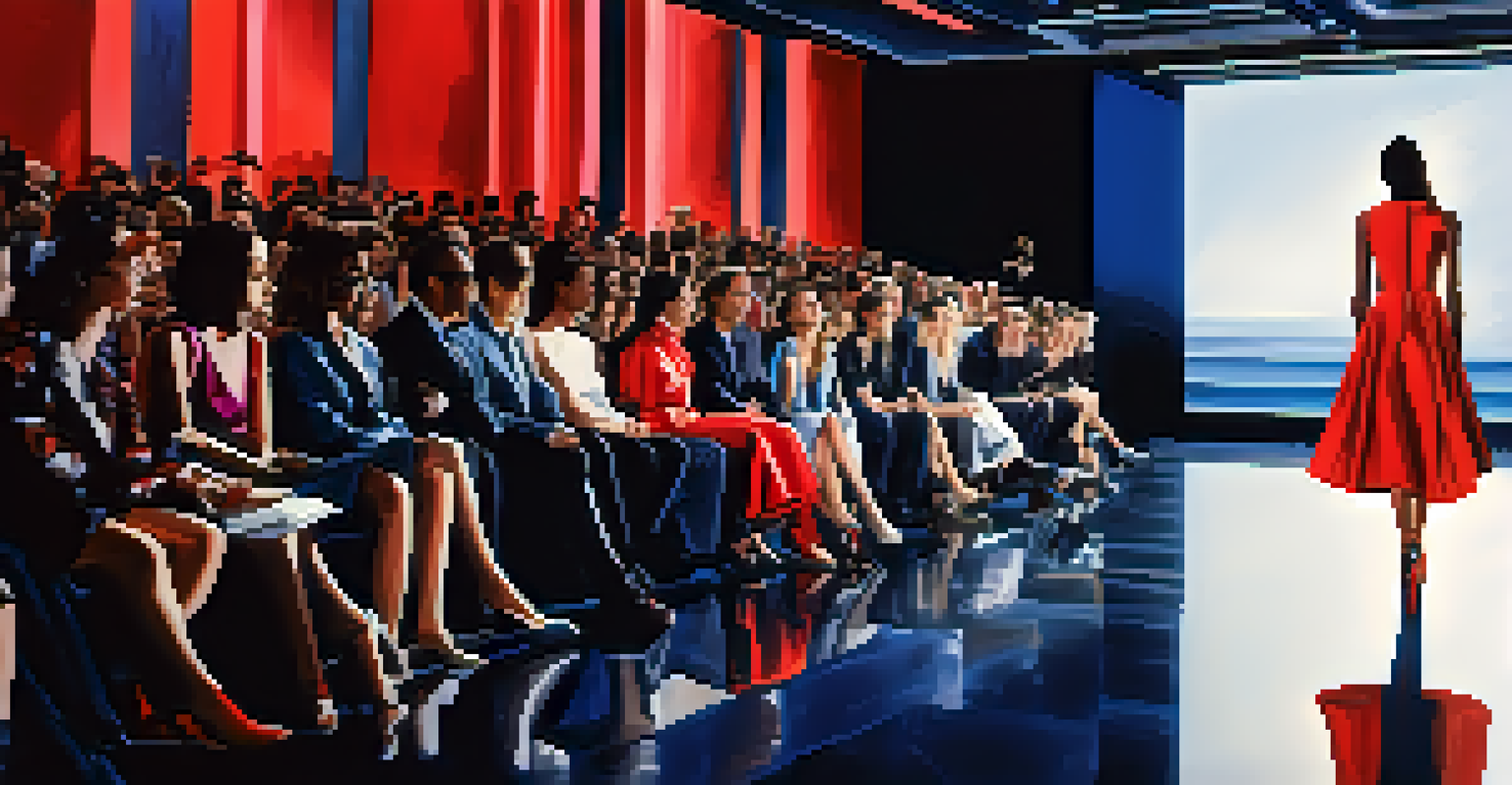 A fashion runway with a model in a smart dress that changes color, dramatic lighting, and an engaged audience.