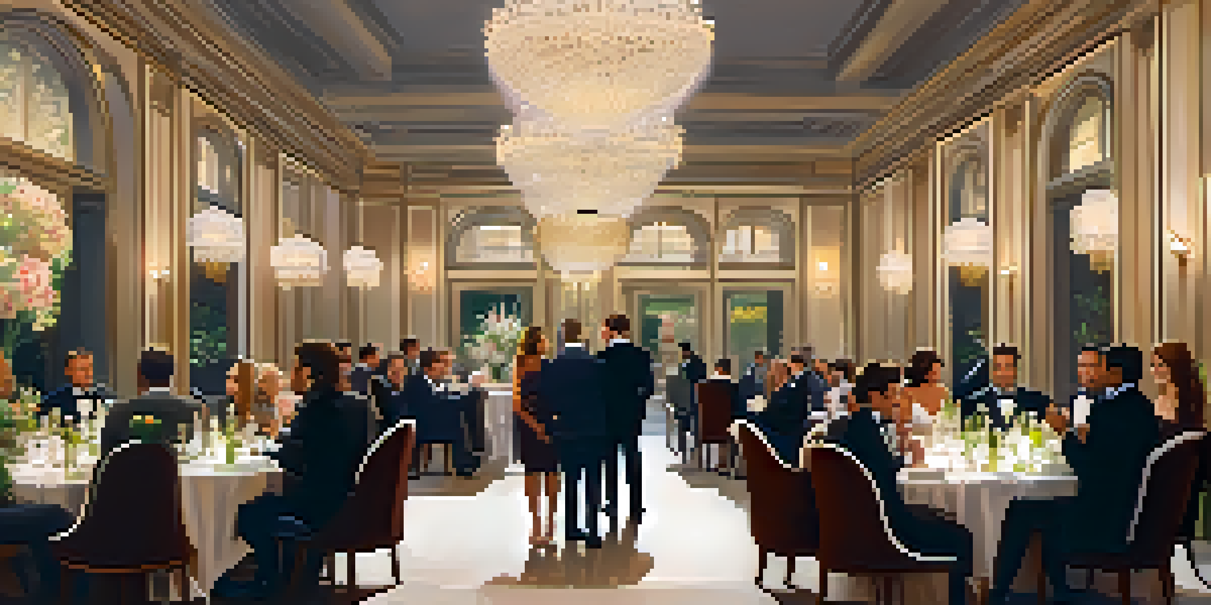 A luxurious networking event with elegantly dressed people talking under soft lighting, surrounded by beautiful decor.
