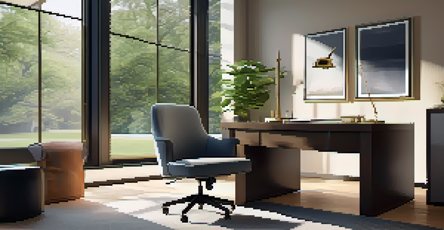 An ergonomic office chair in a modern workspace with warm lighting and a view of greenery outside.
