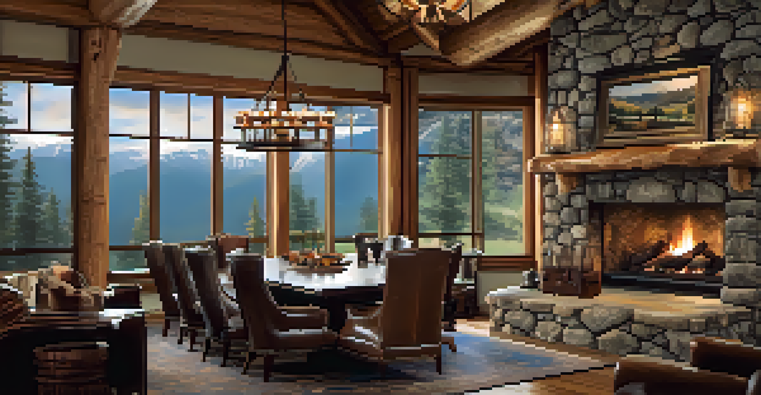 An elegant meeting room in a mountain lodge with large windows, a rustic table, and a cozy fireplace, showcasing beautiful mountain views.