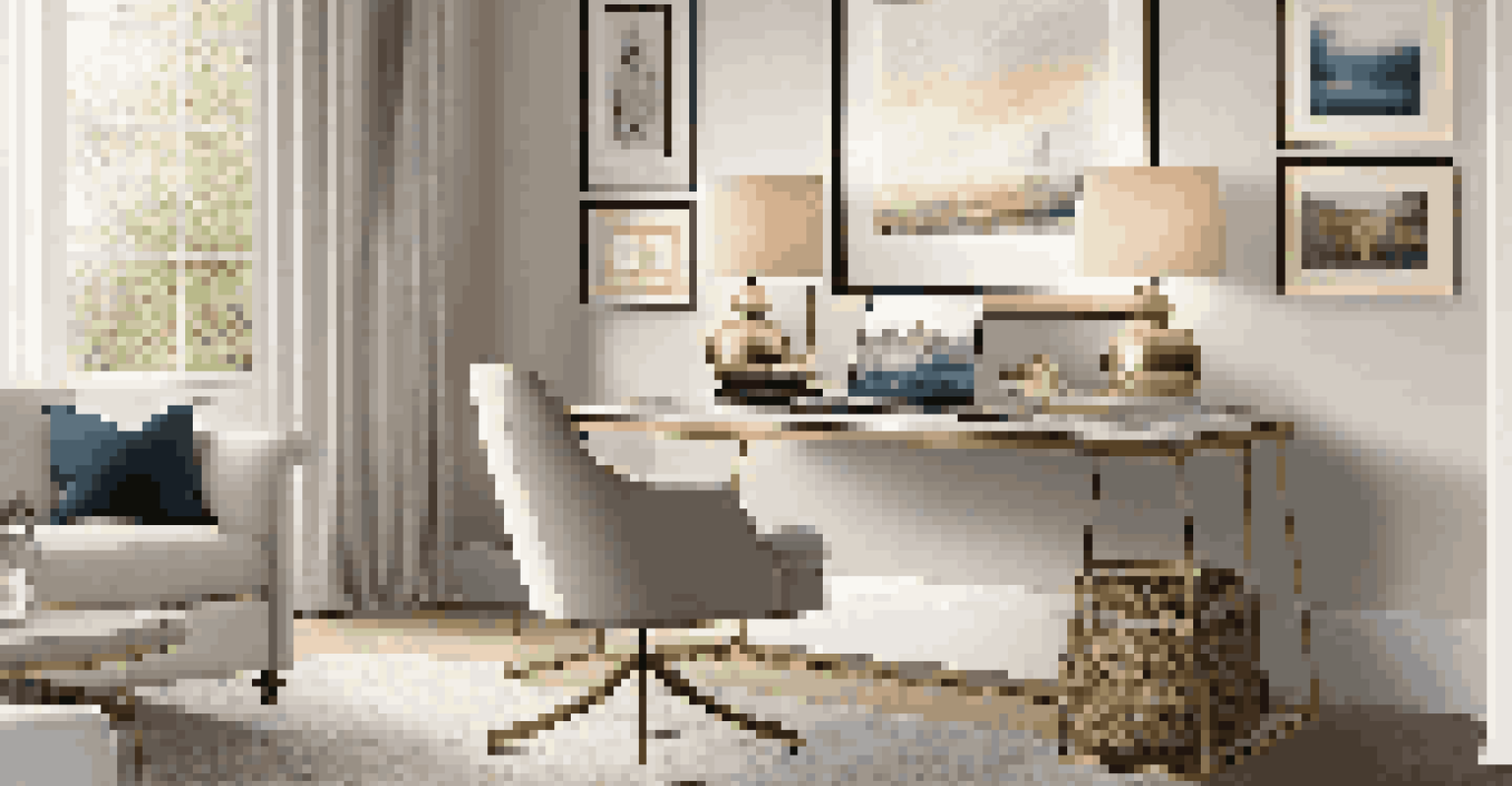 An elegant workspace with a stylish desk, monitor stand, and decorative textiles, illuminated by ambient lighting.