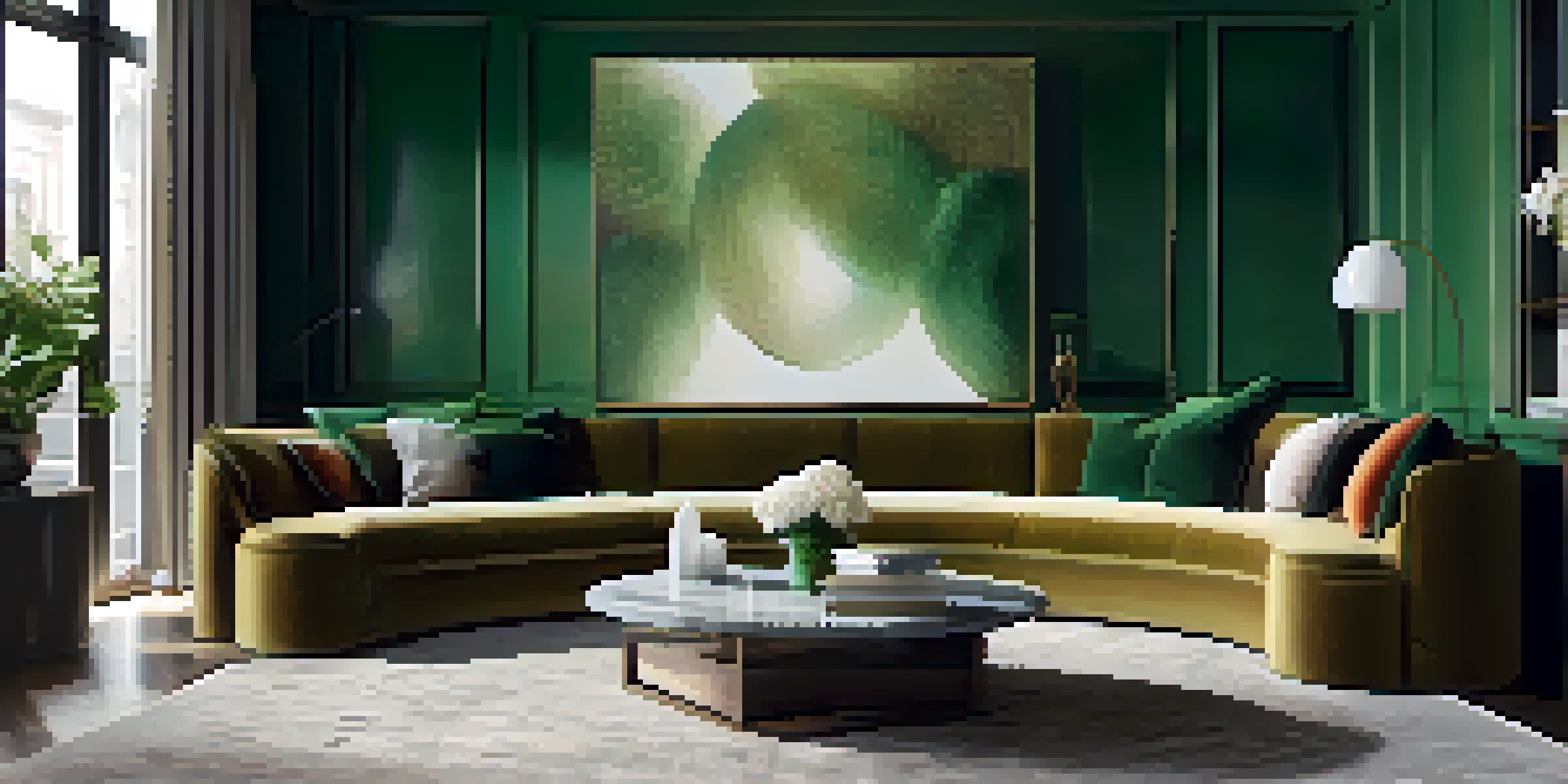 A luxurious living room with a curved emerald velvet sofa and a round wooden coffee table, illuminated by natural light.