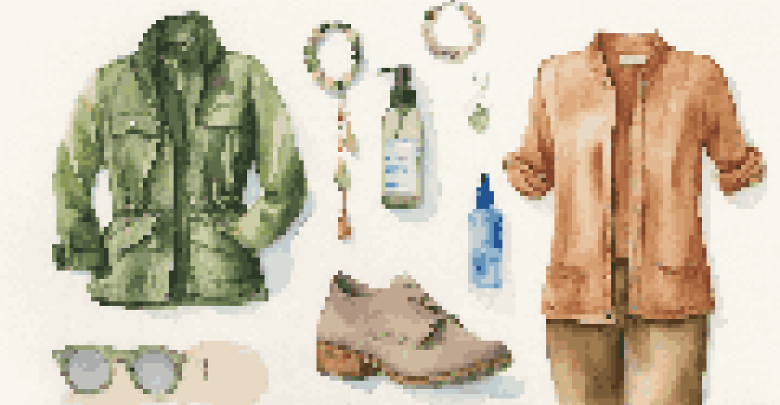 A stylish eco-friendly travel outfit with sustainable clothing and accessories displayed in a bright setting.