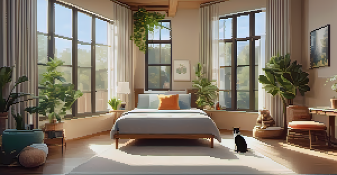 A luxurious cat hotel suite with elegant furniture, soft bedding, and a panoramic window view, featuring a playful cat lounging on a cushion.