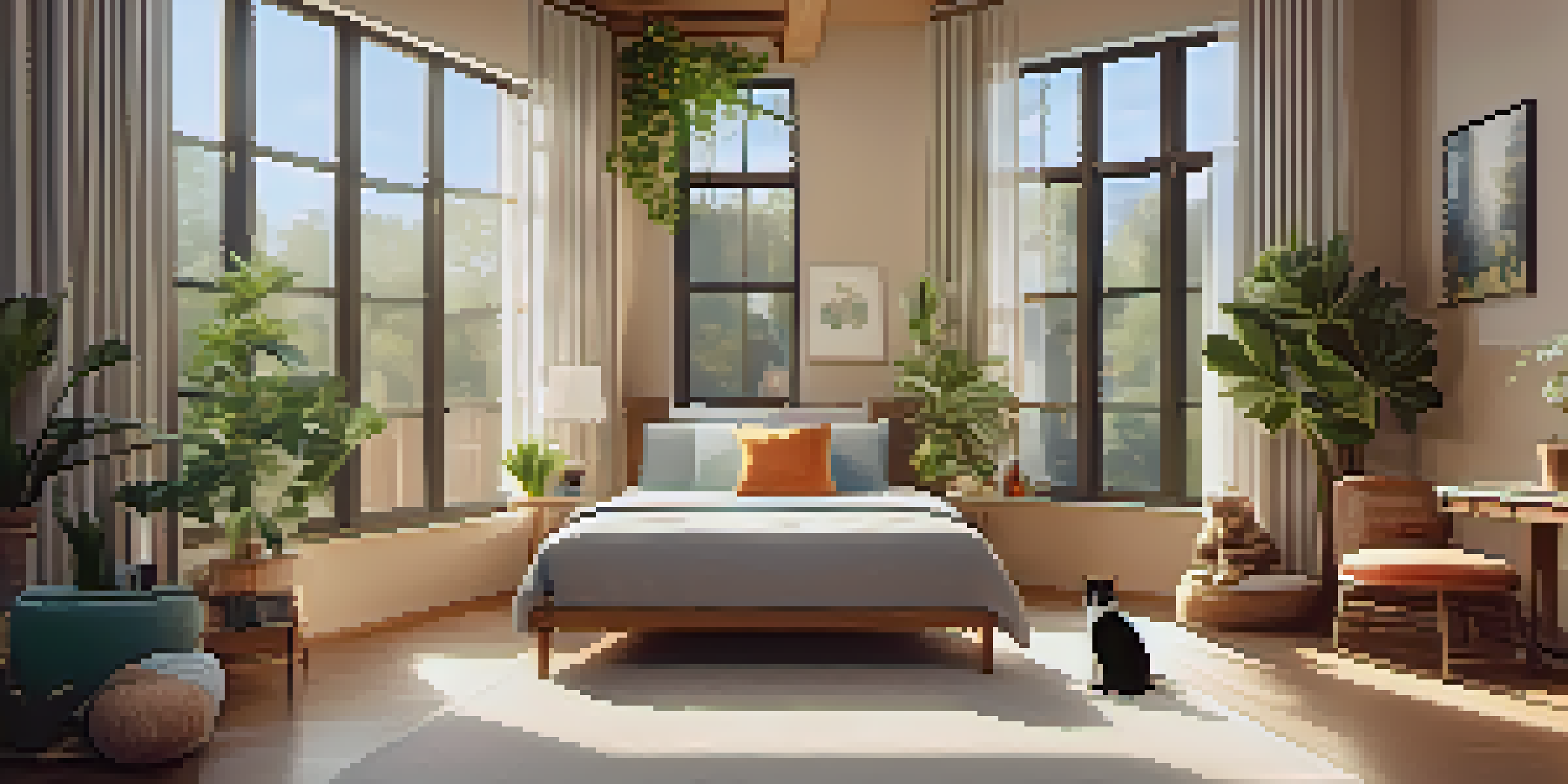 A luxurious cat hotel suite with elegant furniture, soft bedding, and a panoramic window view, featuring a playful cat lounging on a cushion.