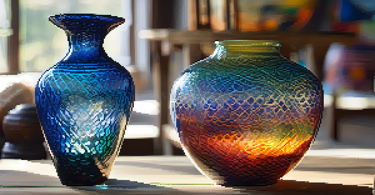 A close-up of a unique hand-blown glass vase on a wooden table, showcasing its intricate patterns and colors.