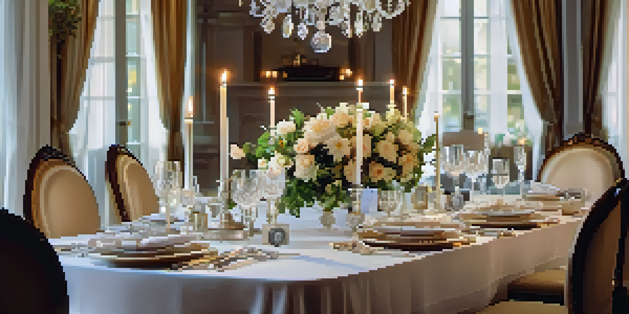 A beautifully arranged dining table with elegant tableware, crystal glasses, and a flower centerpiece, illuminated by soft candlelight.