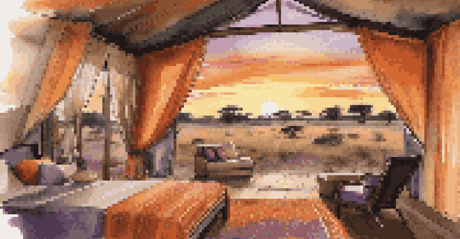 A luxury safari tent with stylish interior decor in the savannah, featuring a sunset sky of oranges and purples with acacia trees in the background.