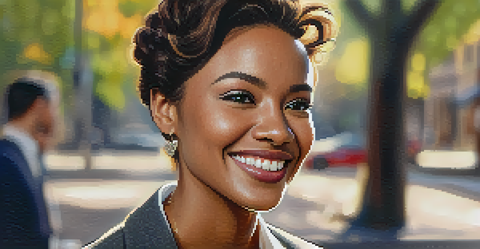 A confident person smiling and conversing in a stylish outfit, with a blurred urban background illuminated by warm sunlight.