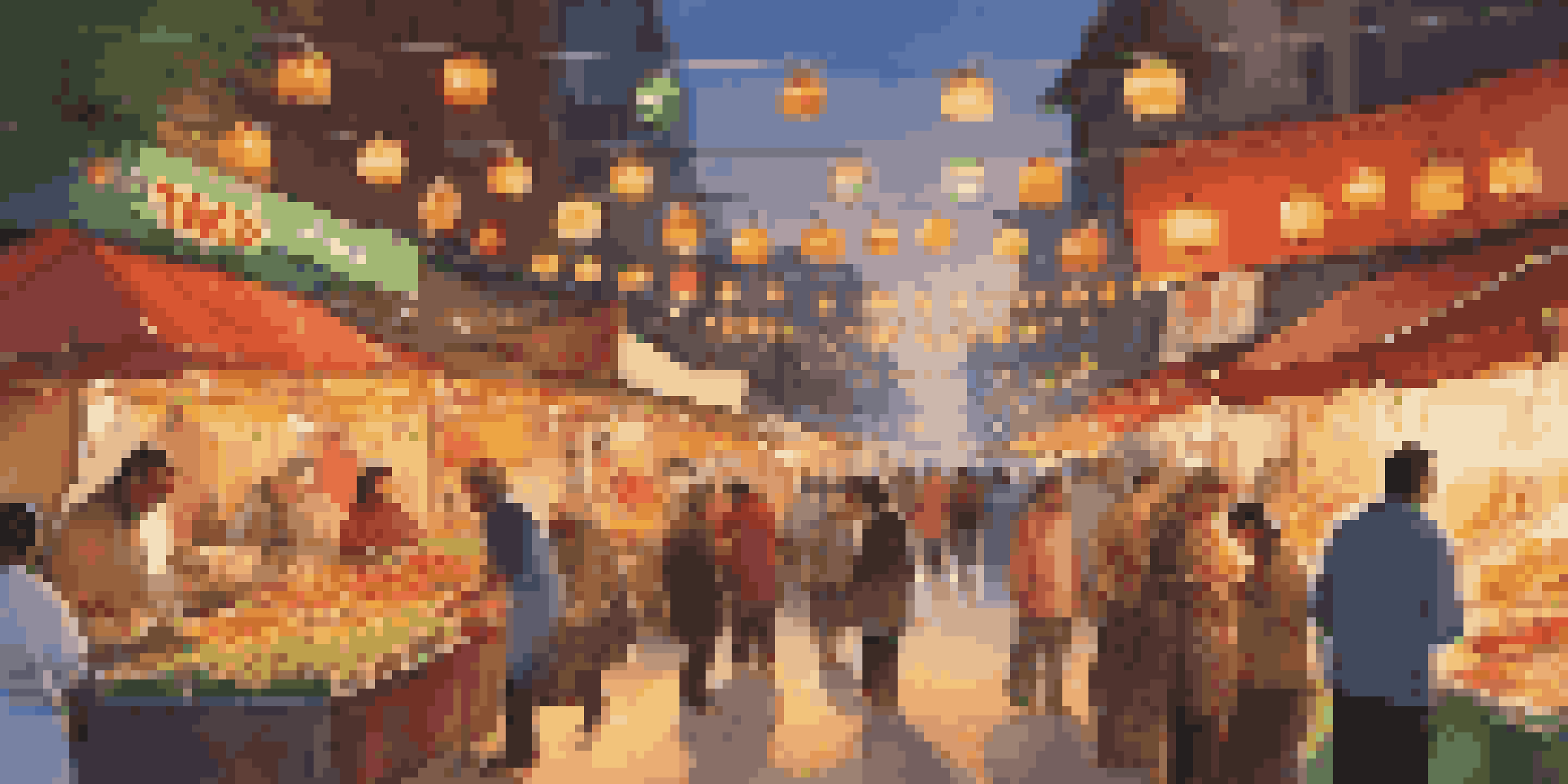 A lively street food market with colorful stalls and people enjoying food, illuminated by warm lights at dusk.
