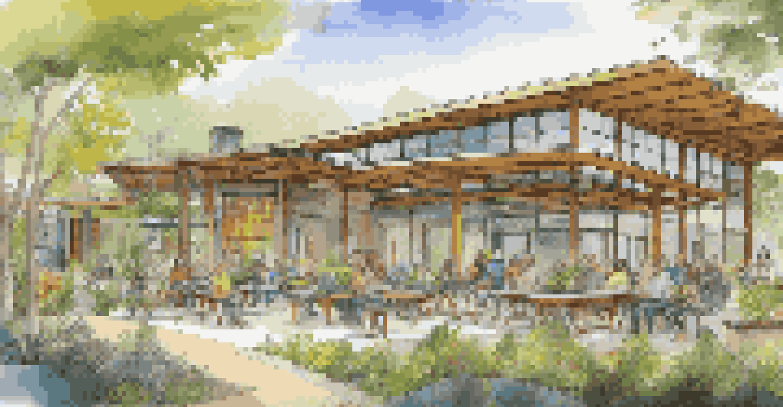 A modern cultural center with eco-friendly architecture, surrounded by landscaping and people participating in an outdoor art class.