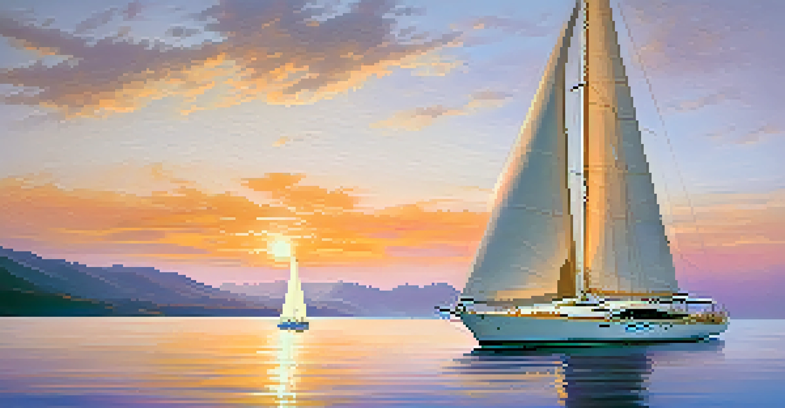 An elegant sailing yacht at sunset in a tranquil bay, with vibrant colors in the sky and calm waters.