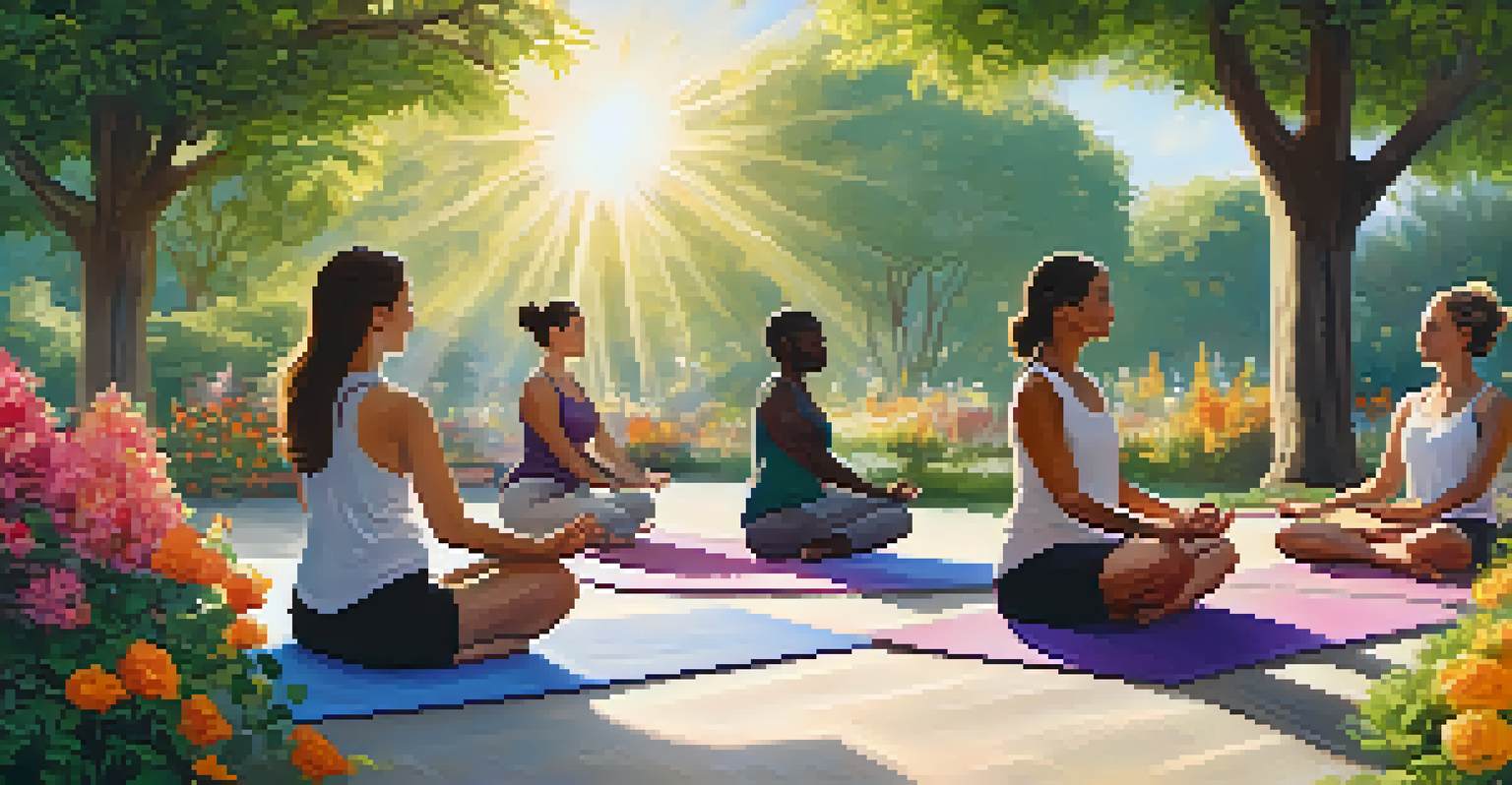 A tranquil garden setting with people practicing yoga on mats surrounded by flowers and greenery, reflecting a peaceful atmosphere.