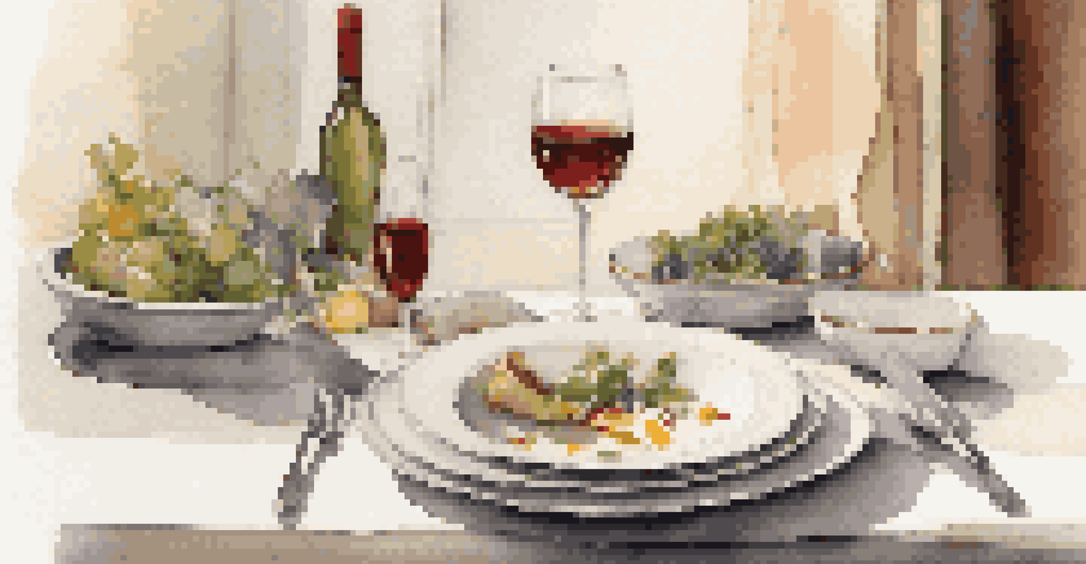 A beautifully arranged table with gourmet meal and sustainable ingredients, highlighted by warm lighting and elegant dishware.