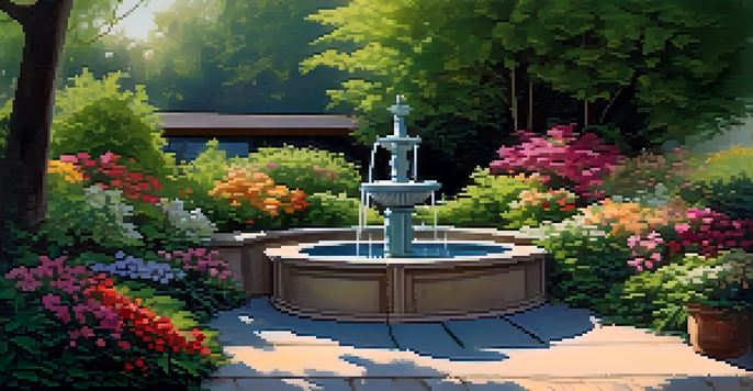 A peaceful backyard with a modern fountain and vibrant flowers, illuminated by soft morning light.