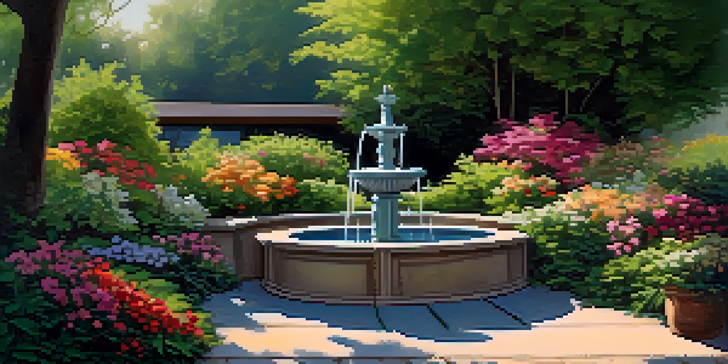 A peaceful backyard with a modern fountain and vibrant flowers, illuminated by soft morning light.