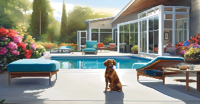 A luxurious pet retreat with dogs playing outside on plush beds, surrounded by flowers and a swimming pool.