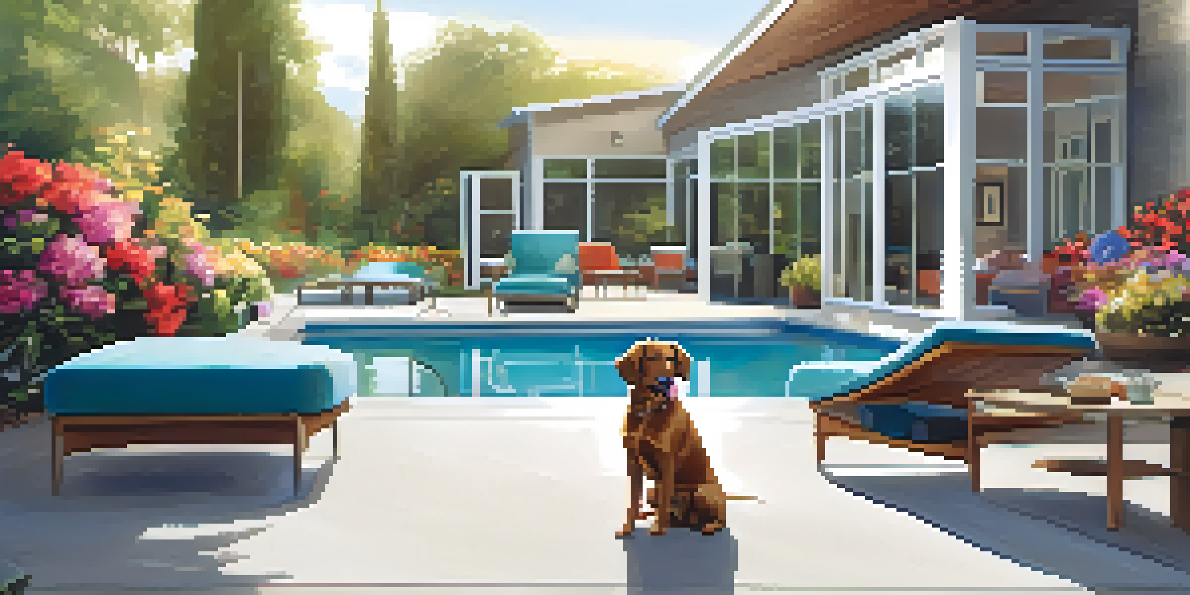A luxurious pet retreat with dogs playing outside on plush beds, surrounded by flowers and a swimming pool.