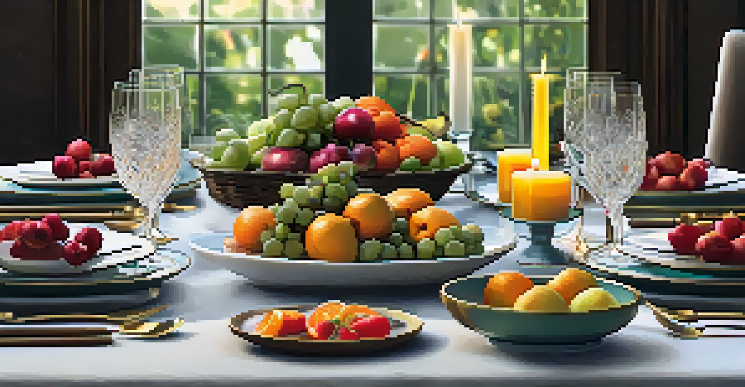 A dining table featuring seasonal organic produce and elegant tableware, enhanced by soft candlelight.