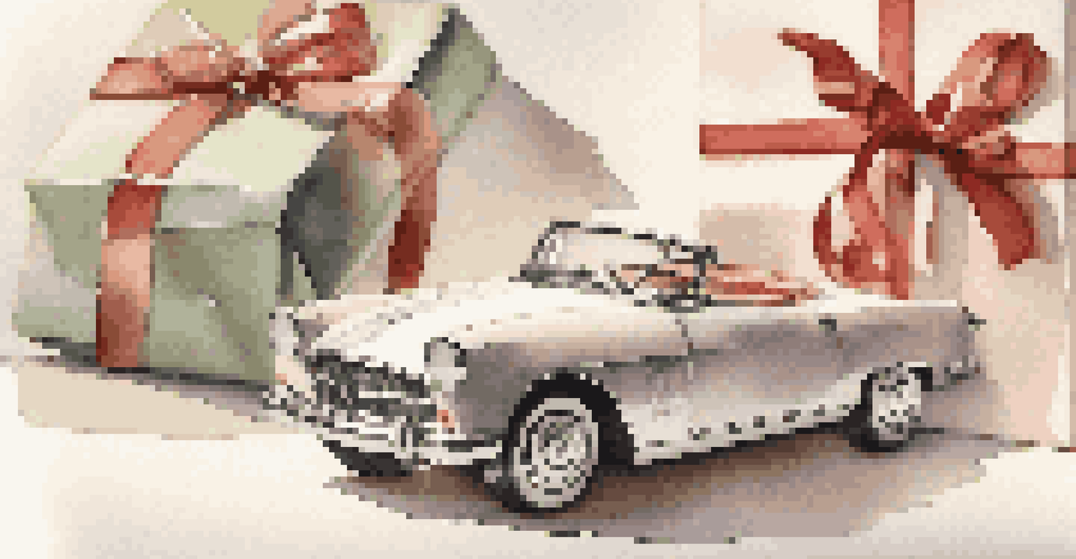 A wrapped gift box with a ribbon and a miniature classic car model, illuminated by soft lighting.