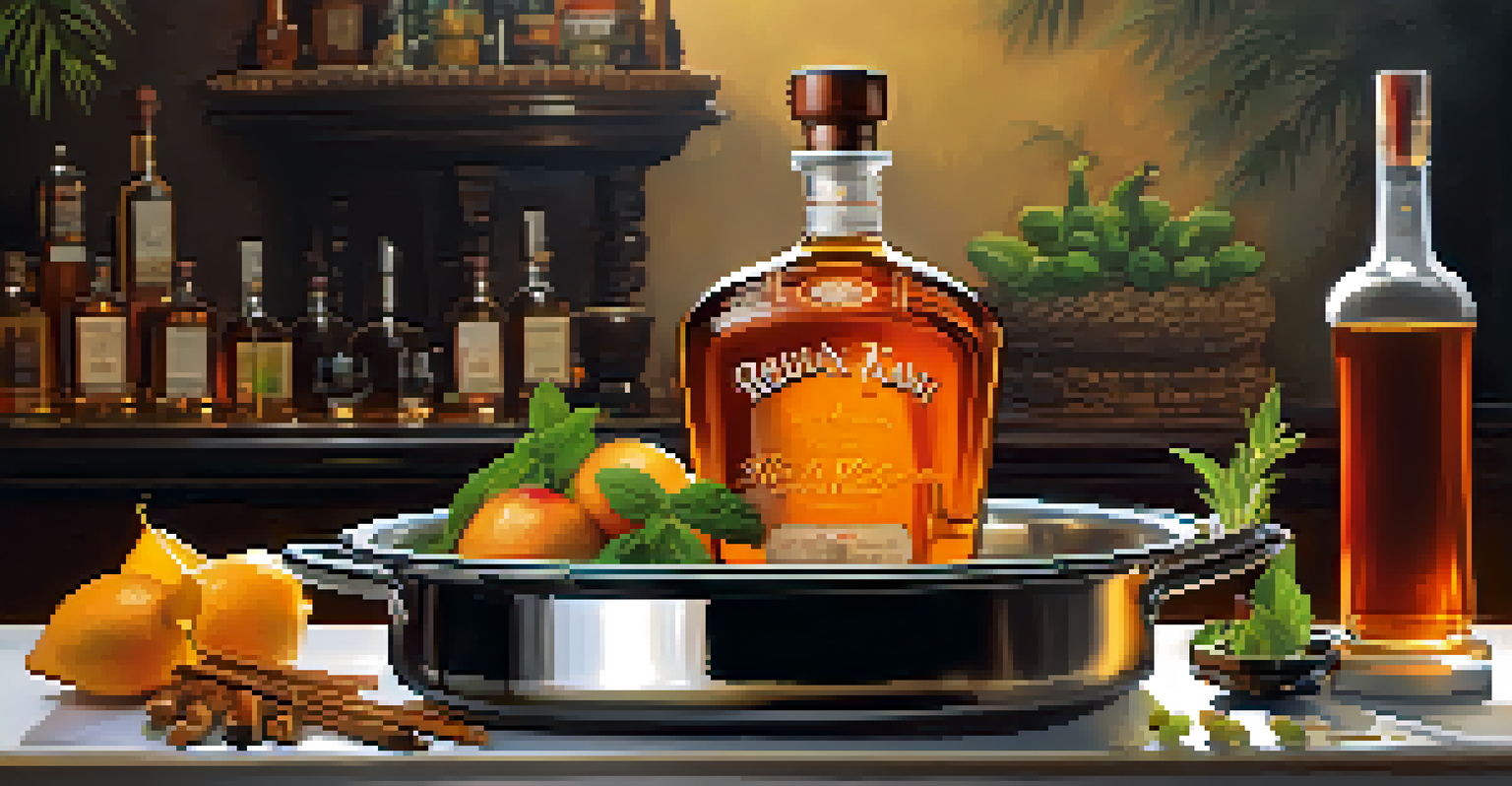 A bottle of rum and a stainless steel pan prepared for flambéing, with fresh fruits in a warm-lit background.