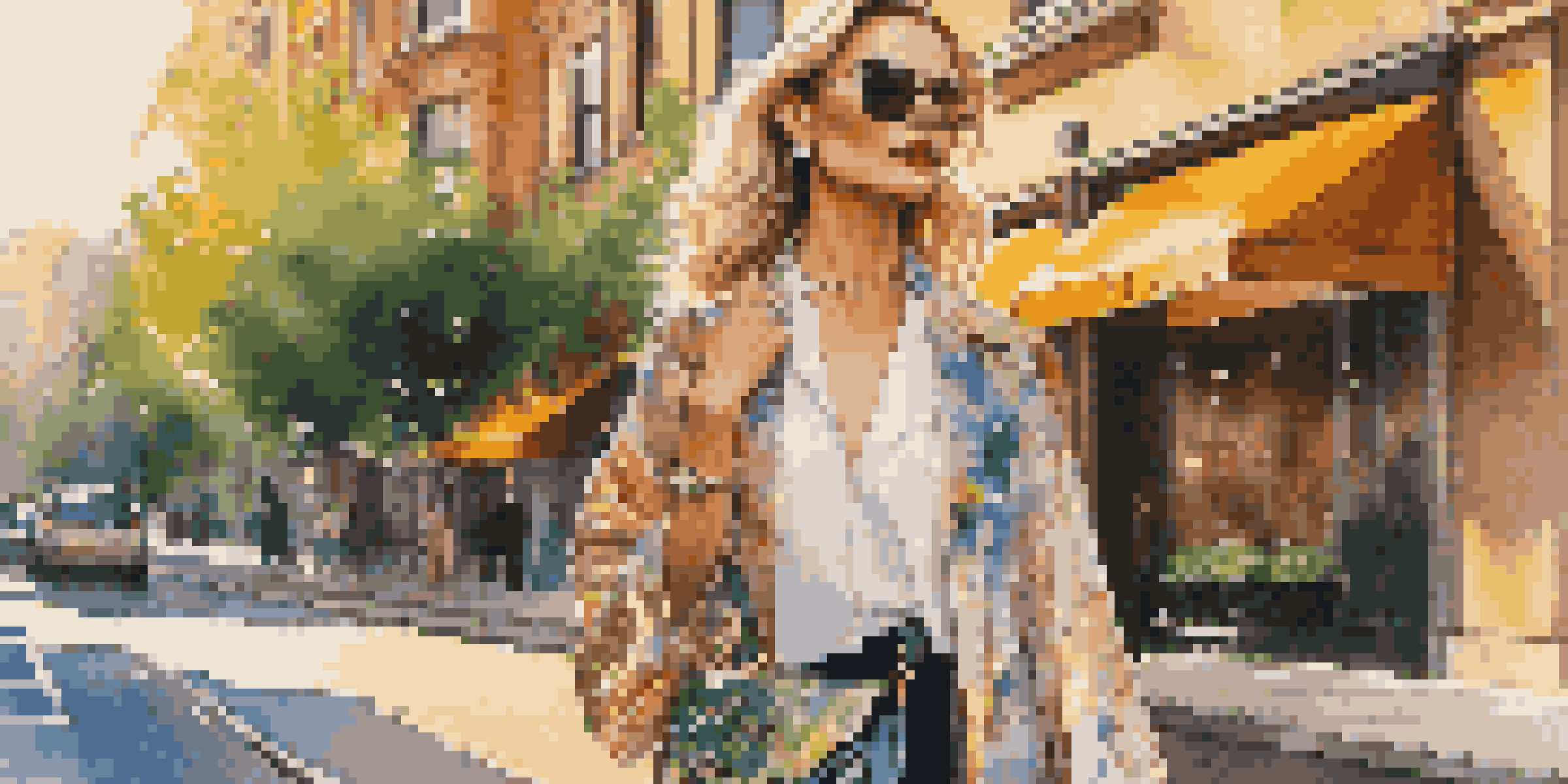 A fashion influencer posing in an urban setting with designer clothing and accessories, surrounded by street art and greenery.
