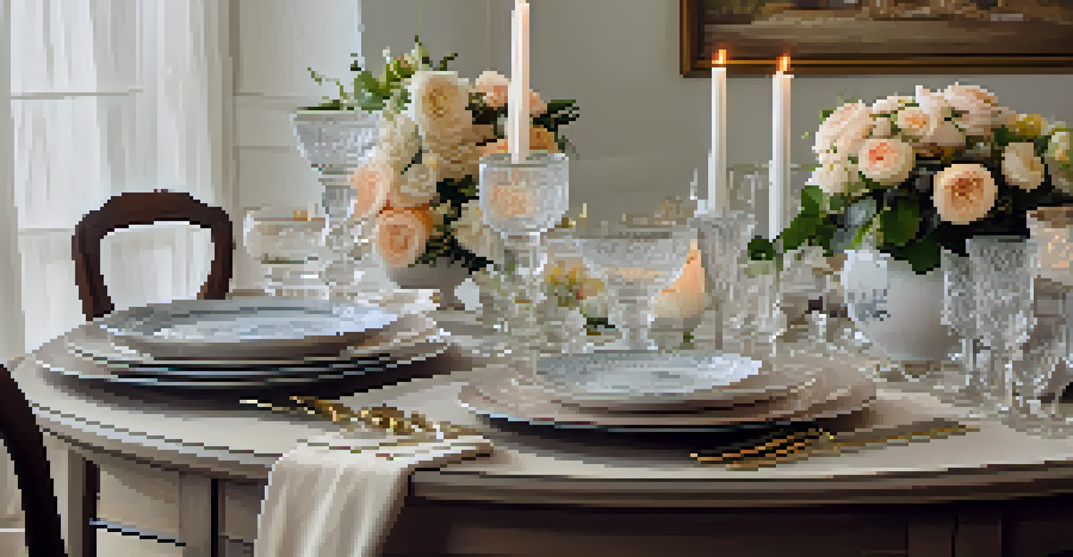 A table setting with vintage porcelain plates and crystal glassware, illuminated by candlelight.