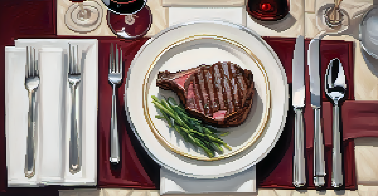 An aerial view of an upscale dinner table set for a wine pairing evening with Cabernet Sauvignon and gourmet steak, illuminated by candlelight.