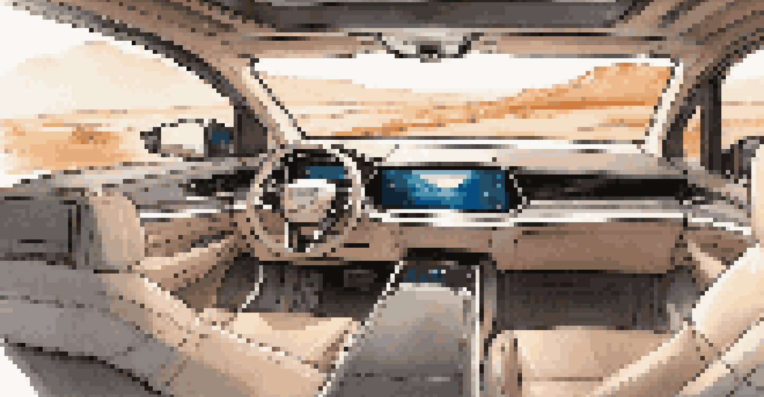 The interior of a luxury autonomous vehicle with plush seating and a panoramic sunroof, showcasing smart technology.