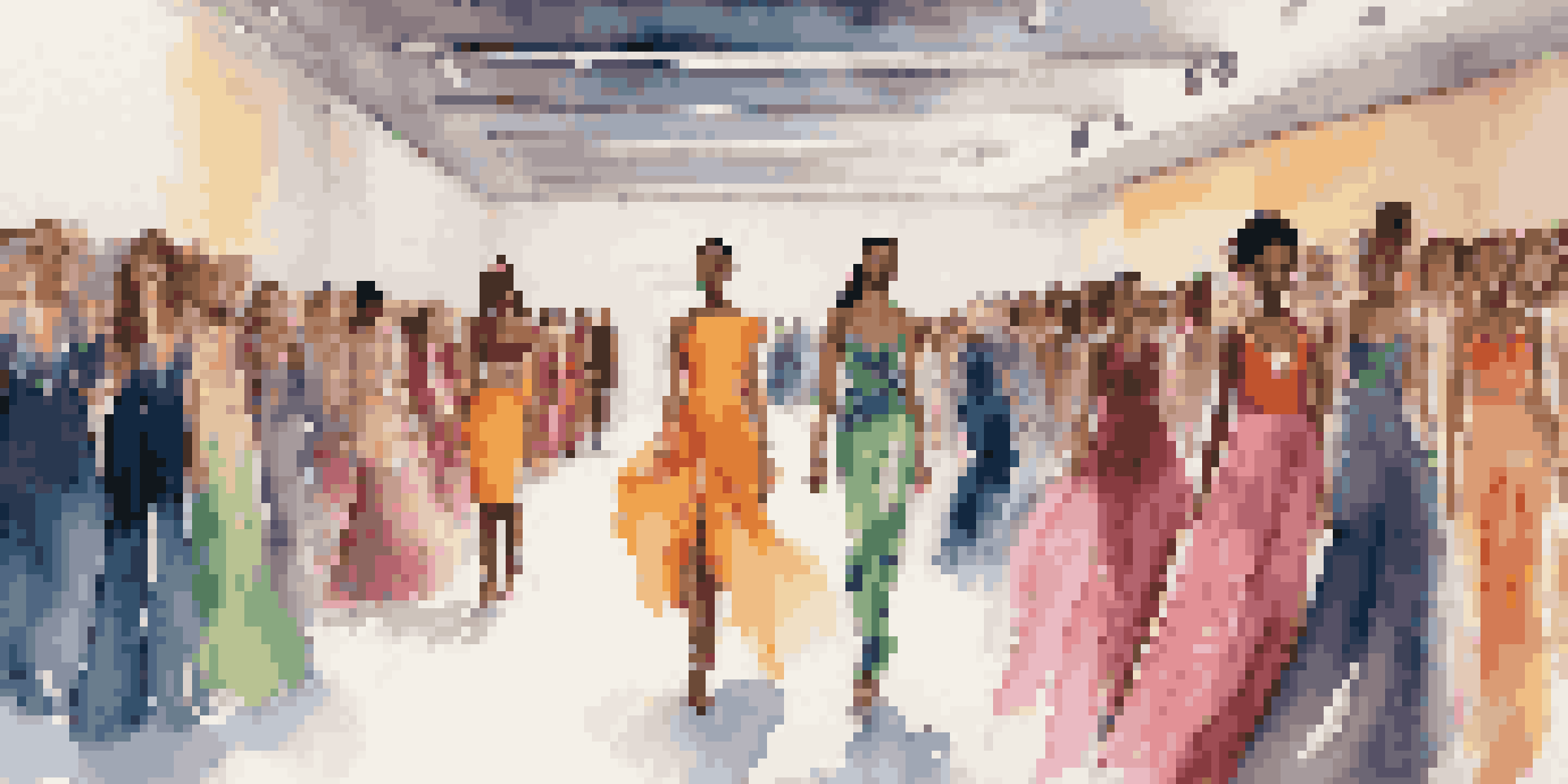 A colorful fashion runway with diverse models and an engaged audience in the background.
