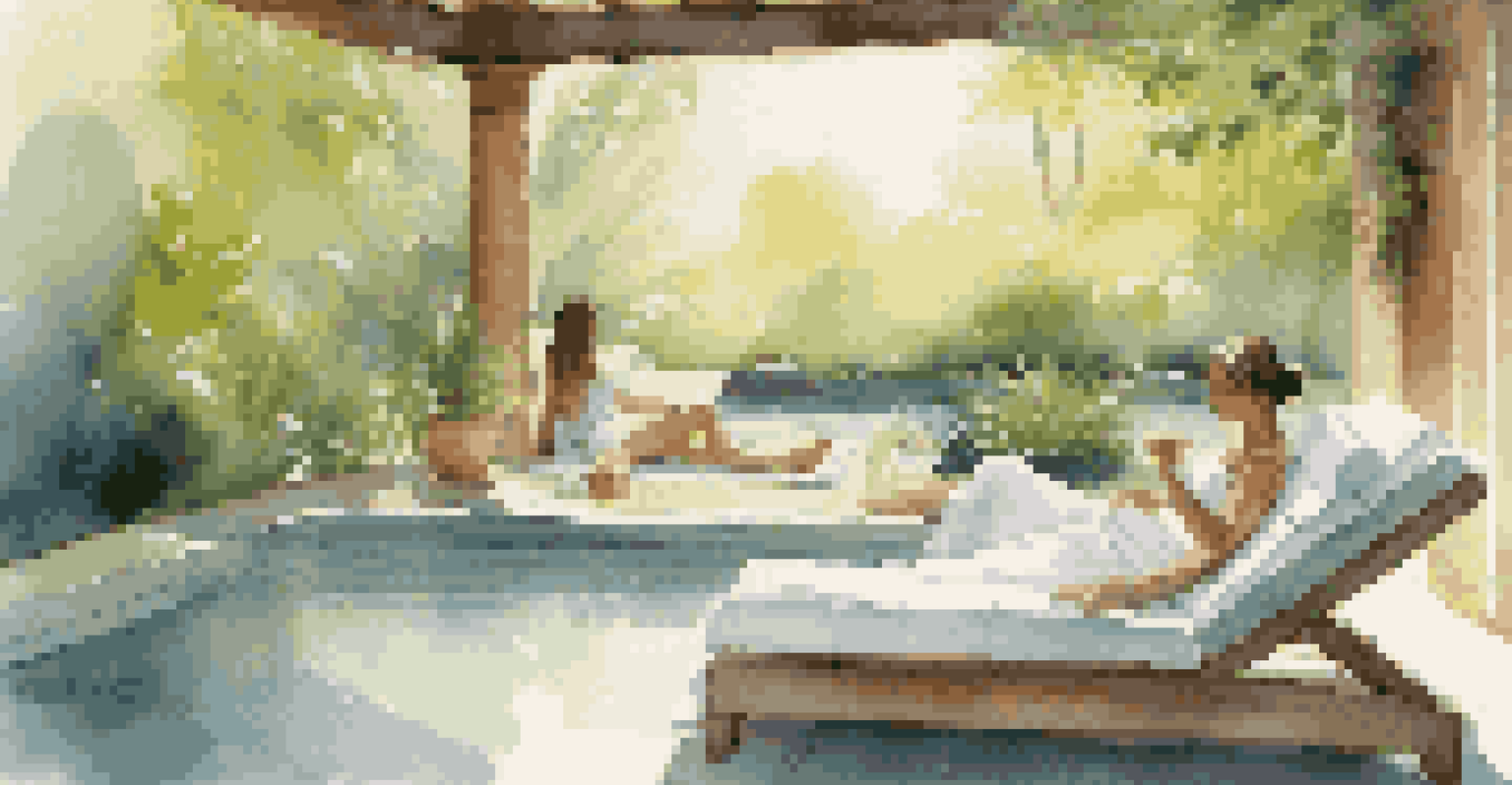 A peaceful spa retreat with a person relaxing by a pool, enjoying a massage and sipping tea amidst lush greenery.