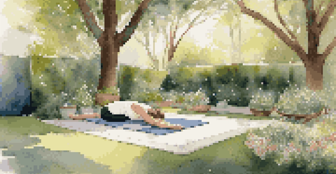 An inviting outdoor yoga space with a yoga mat on grass, surrounded by flowers and trees, bathed in soft sunlight.